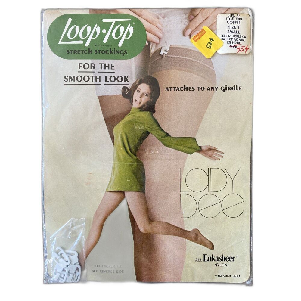 VTG Loop Top Stretch Girdle Stockings Size 1 Small Coffee New Sealed 60's 70's